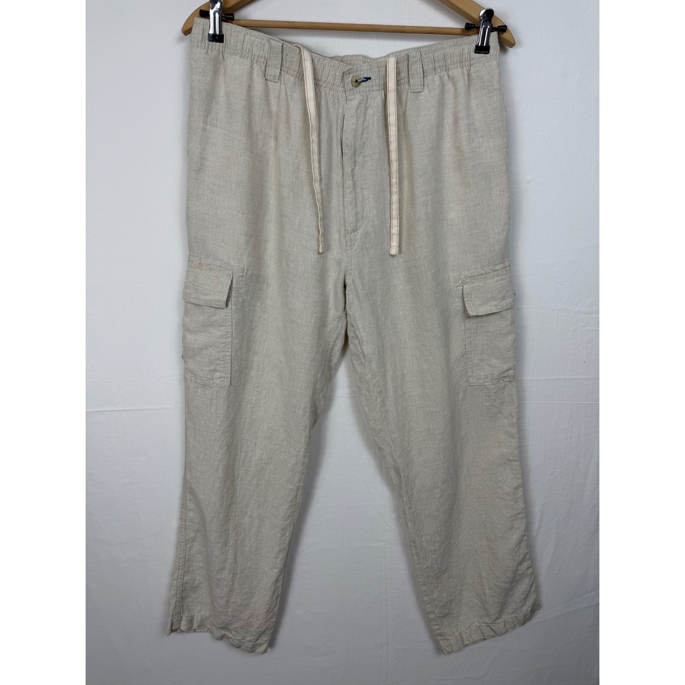Caribbean Men 100% Linen Cargo Pant 38x30 Beige Drawstring Elastic Waist Relaxed
